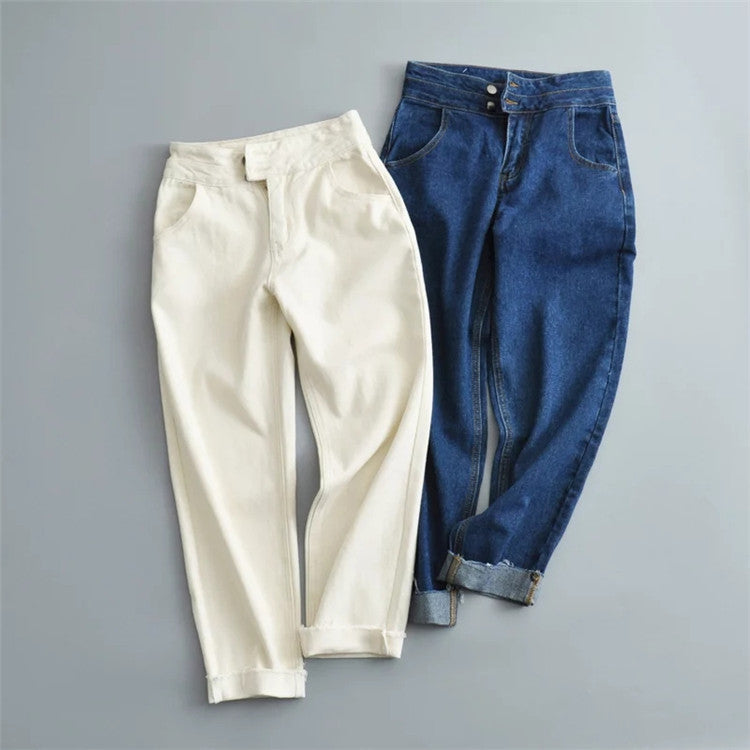 High-Waisted Harem Denim Trousers – Street Style Curled Hem Pants