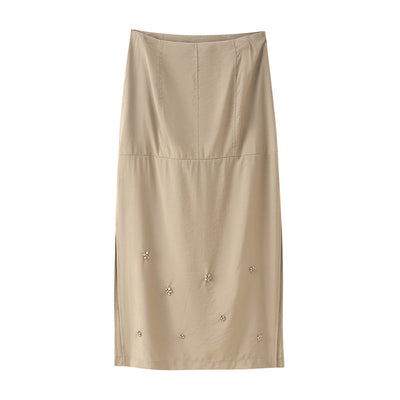 High-Waisted Beige Midi Skirt – Solid Color with Crystal Embellishments