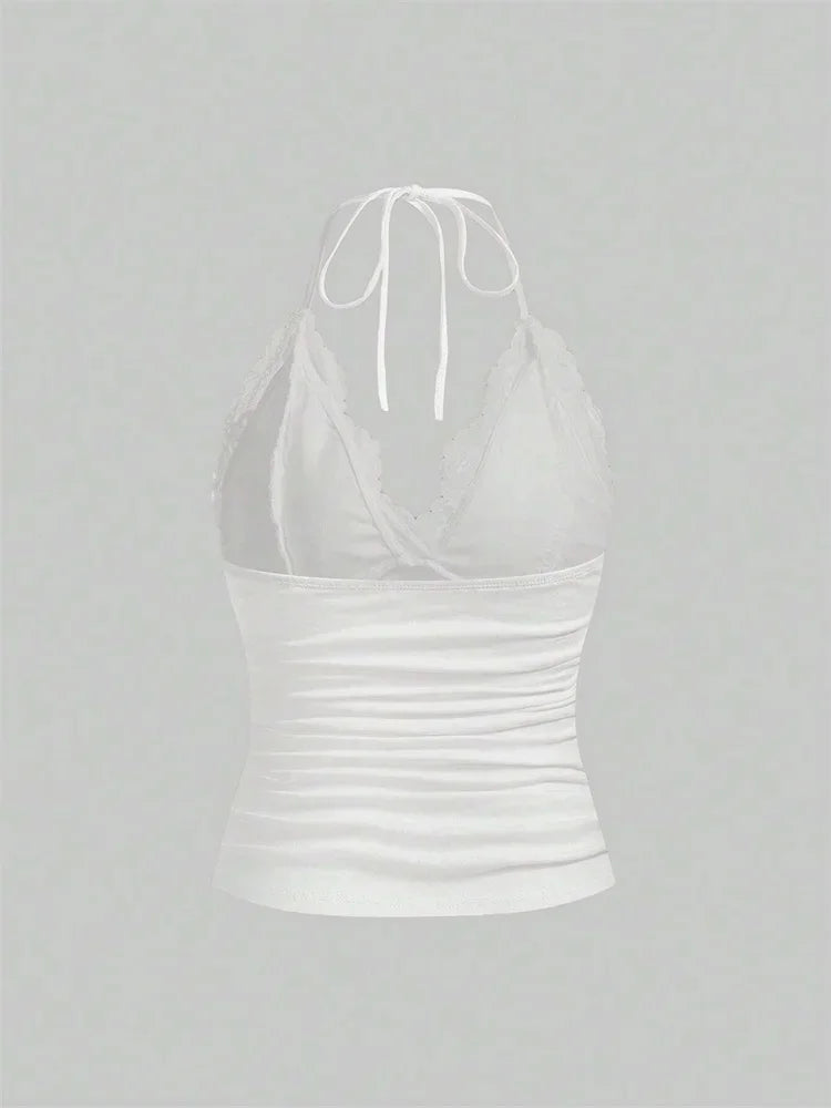 Black Lace Ruched Halter Top – Goth Y2K Streetwear