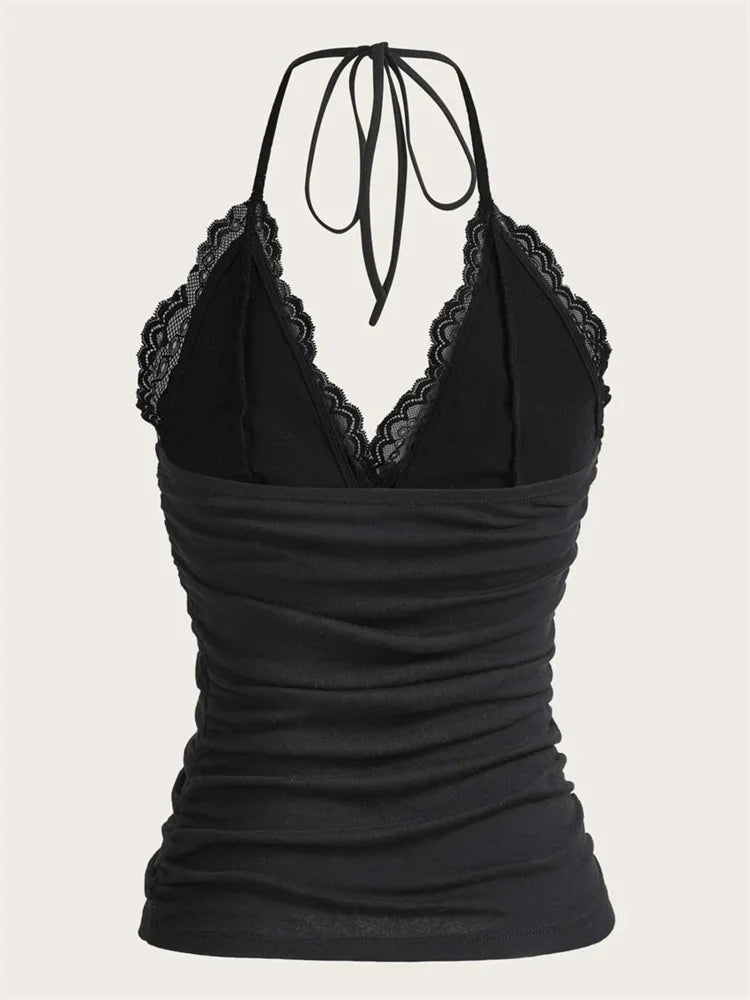 Black Lace Ruched Halter Top – Goth Y2K Streetwear