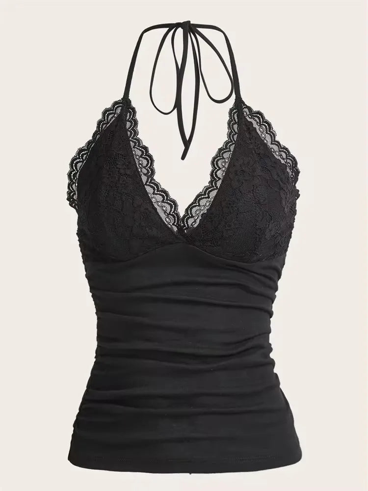 Black Lace Ruched Halter Top – Goth Y2K Streetwear