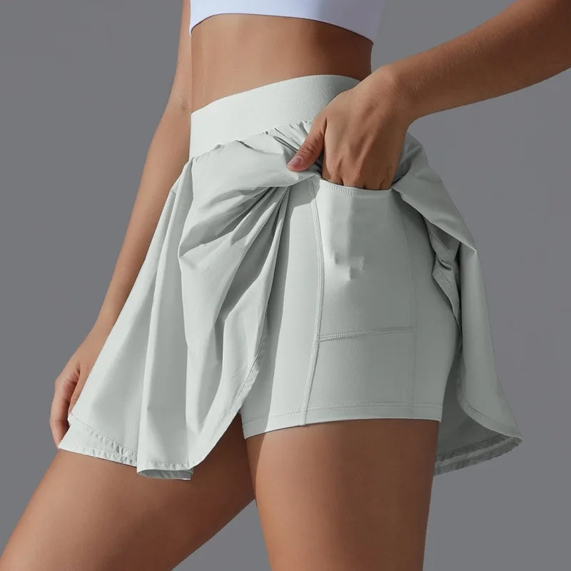 Solid Color High-Waisted Tennis Skirt with Pockets – Slim Fit Summer Skort for Sports & Casual Wear