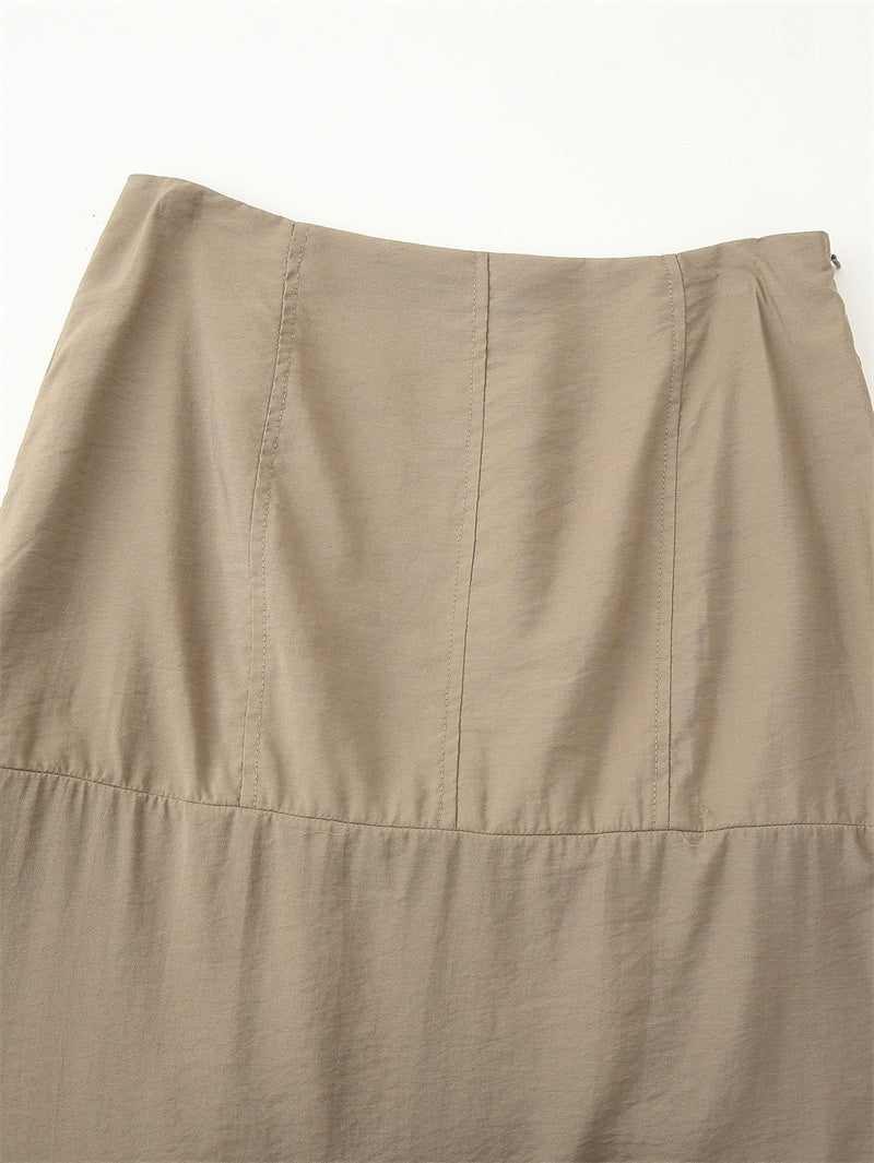 High-Waisted Beige Midi Skirt – Solid Color with Crystal Embellishments