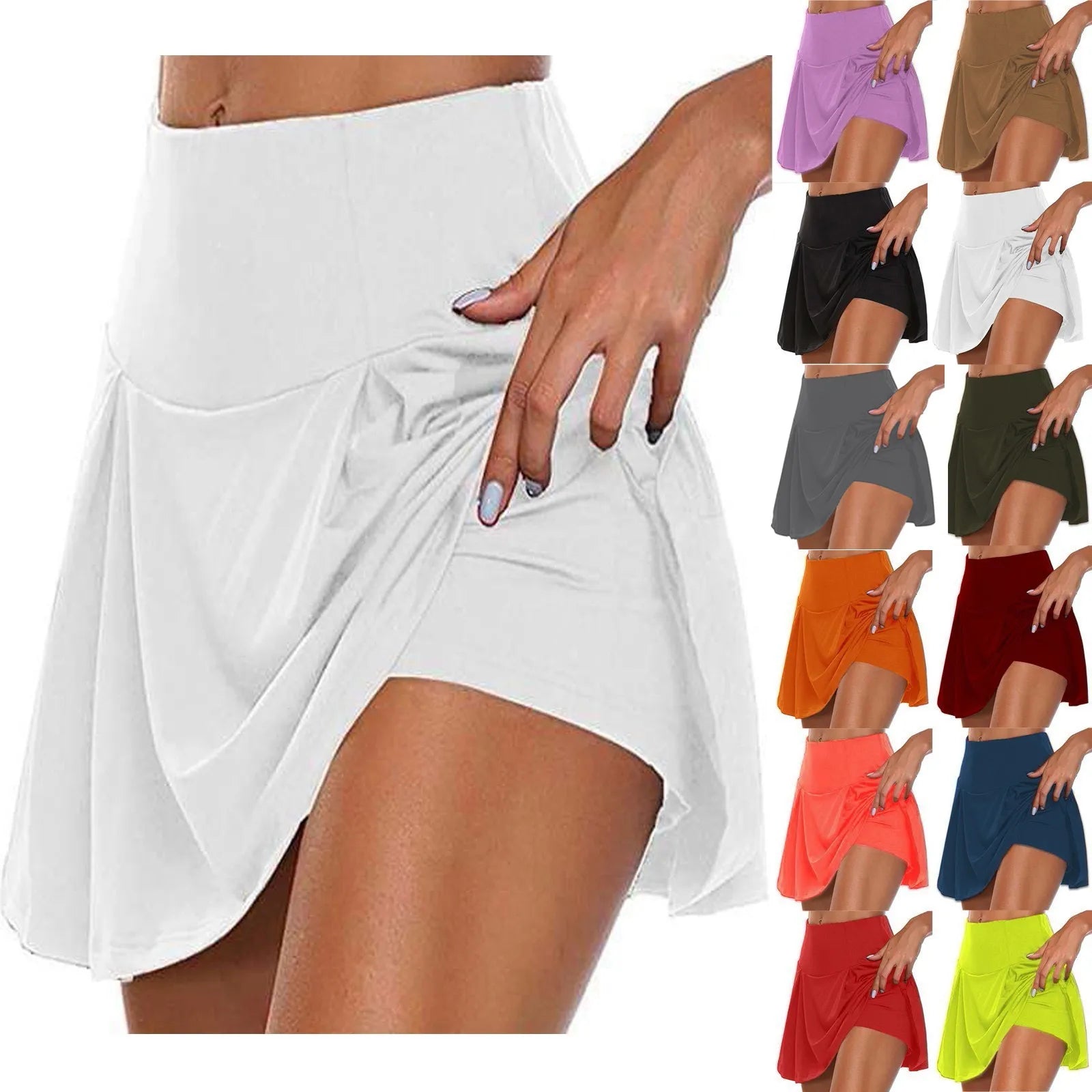 Athletic Stretchy Elastic High Waist Solid Color Pleated Tennis Running Yoga Inner Shorts Fashion Daily Soft Sports Golf Skorts
